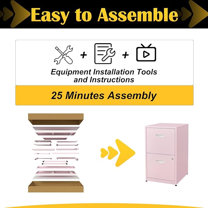 2 Drawer File Cabinet with Lock,Pink Metal Office Drawers Filing Cabinets for Home Office, Two Drawer Under Desk File Cabinet for Hanging Letter,Easy Assemble