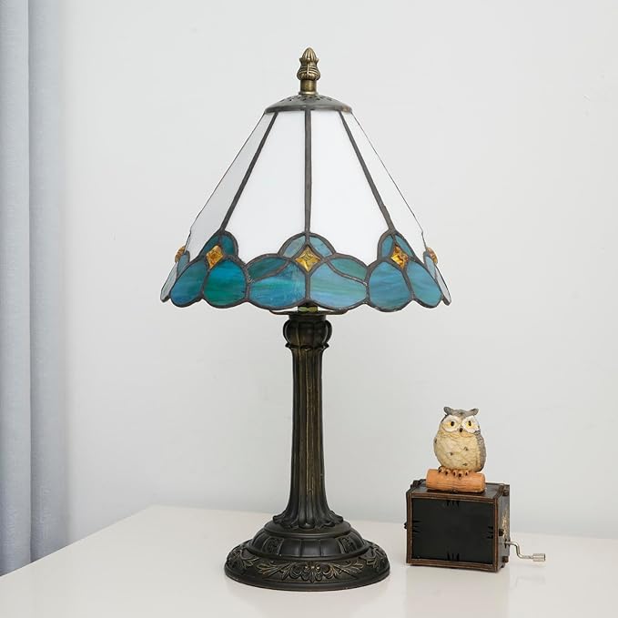 White Tiffany Lamp Small Bedside Dector Light Vintage Stained Glass Table Lamp Living Room Night Lamp Farmhouse Cute Blue Green Butterfly Wings Style Bedroom Nightstand Desk Lamps 8 Inch Mini Gift