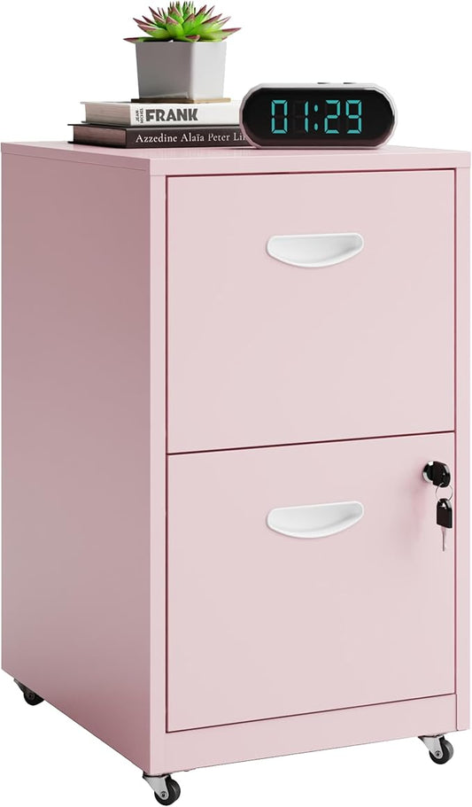 2 Drawer Rolling File Cabinet on Wheels, Mobile Two Drawer Filing Cabinet with Lock, Small Files Cabinets for Under Desk, Metal Filing Cabinets for Letter Size Folders, Pink - Assembly Required