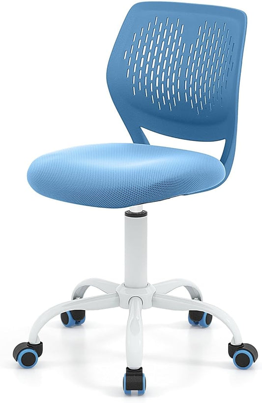 POWERSTONE Small Home Office Desk Chair, Swivel Rolling Study Computer Chair, Adjustable Height Task Chair with Armless Mid Back, Upholstered Mesh Seat, Blue