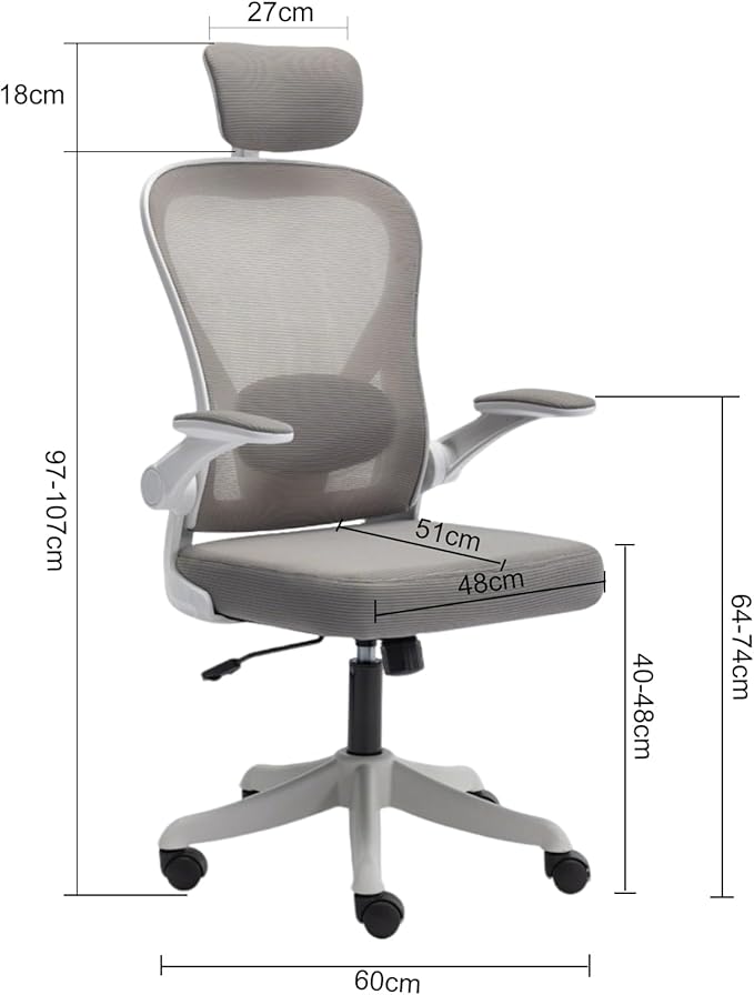 Comeon Office Chair, Branch Ergonomic Chair with Flip-up Armrests and Lumbar Support, Black Mesh Desk Chairs with 3D Armrests and Headrest Computer Chairs Comfy in Office Home (White Gray)