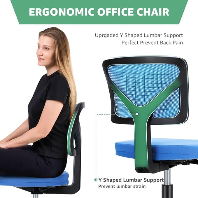 Armless Mesh Office Chair, Ergonomic Low Back Deskchair, Adjustable Rolling Task Computer Swivelchairs for Small Spaces Home Bedroom Study, Blue