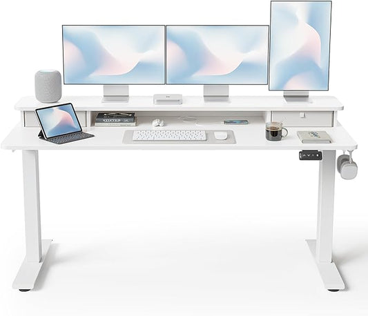FEZIBO 60 x 24 Inch Height Adjustable Electric Standing Desk with Double Drawer, Computer Desk, Home Office Stand Up Table with 4 Height-Adjustable Feets & 2 Hooks, White