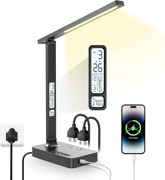Power Strip with LED Desk Lamp, 2 Outlets 1 USB-A Ports 1 Type-C Ports, Small Desk Lamp with Surge Protection and Led Display, 5ft Extension Cord, 5 Color Modes 5 Brightness, Dorm Room Essentials