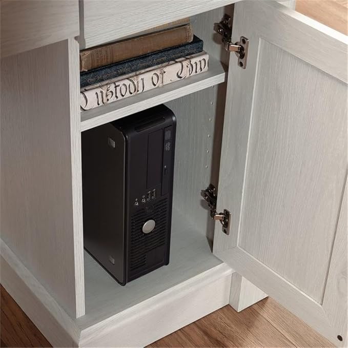 Pemberly Row Engineered Wood L-Shaped Desk in Glacier Oak/Rosso Slate Accents