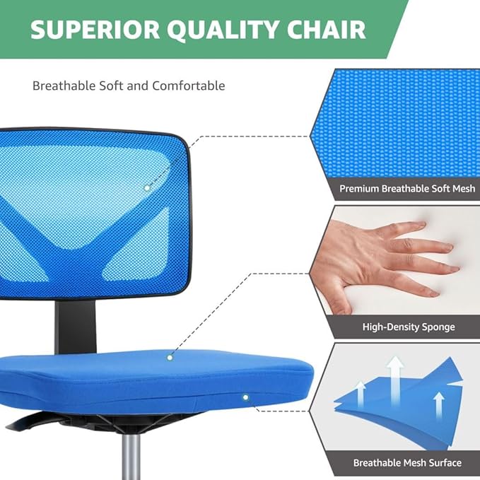 Armless Mesh Office Chair, Ergonomic Low Back Deskchair, Adjustable Rolling Task Computer Swivelchairs for Small Spaces Home Bedroom Study, Blue
