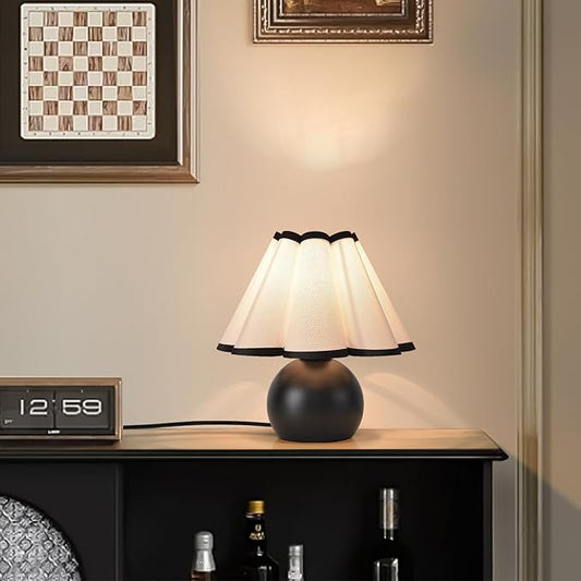 Matte Black Small Bedside Mini Table Lamp for Bedroom, Cute Bedroom Lamps for Nightstand, Cute Mini Table Lamps for Small Spaces with Scalloped Shade for Kitchen Counter, Bookshelf, Kids Dorm, Office