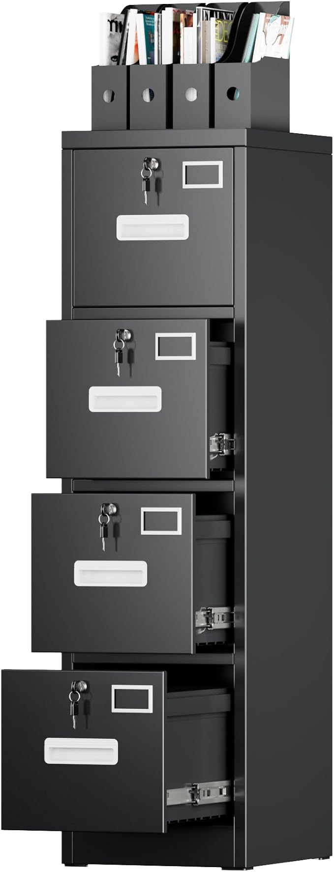SUXXAN 4 Drawer File Cabinet, Metal Vertical Black Filing Cabinets with Locks Name Card Holder for Home Office, Assembly Required