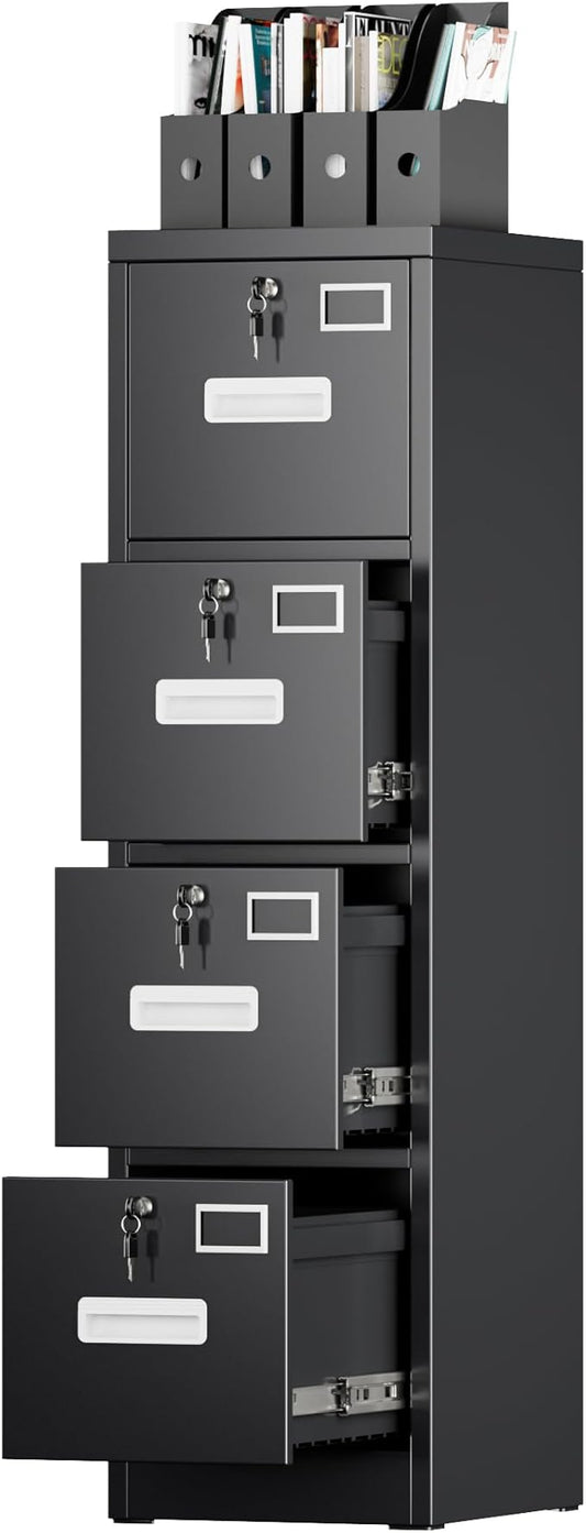 SUXXAN 4 Drawer File Cabinet, Metal Vertical Black Filing Cabinets with Locks Name Card Holder for Home Office, Assembly Required