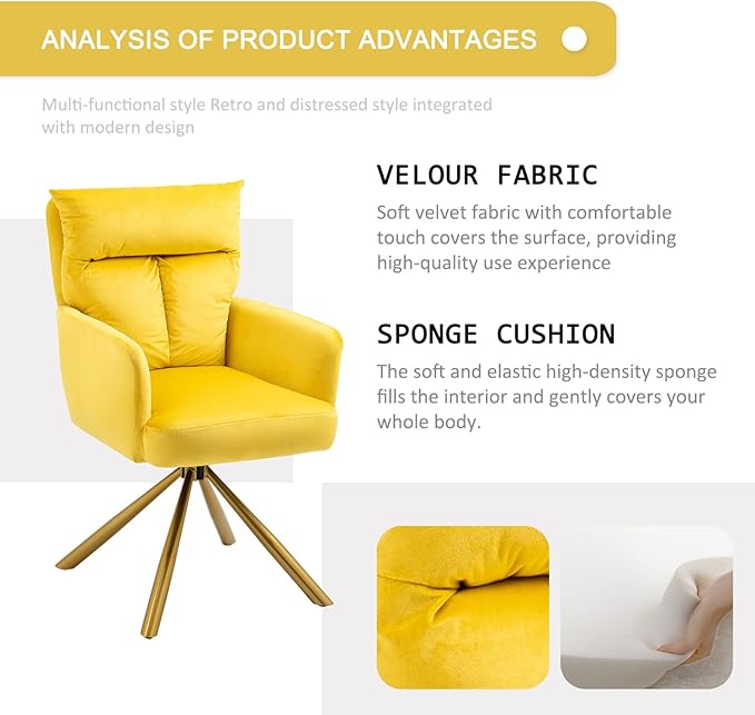 Velvet Office Desk Chair No Wheels, Modern Vanity Chair with Gold Legs, Wide Seat Computer Task Chair for Home Office (Yellow)