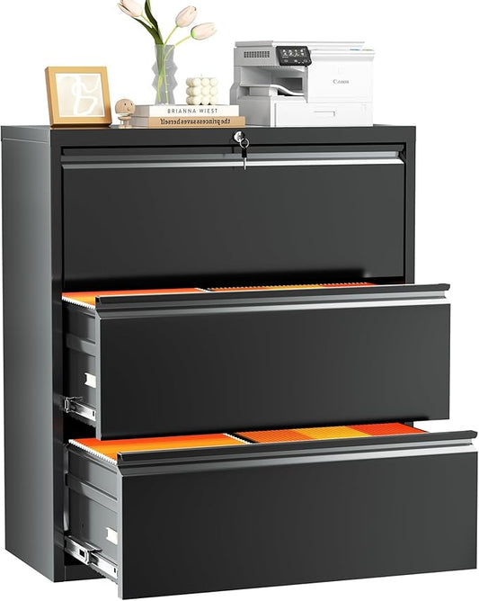 INTERGREAT File Cabinet 3 Drawers, Metal Lateral Filing Cabinets for Home Office, Locking Black File Cabinet for Hanging Files Letter/Legal/F4/A4, Easy Assembly