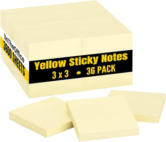 1InTheOffice Yellow Sticky Notes, 3" x 3" Yellow self Stick Sticky Notes 36/Pack of 100= 3600 Notes Pads (36)