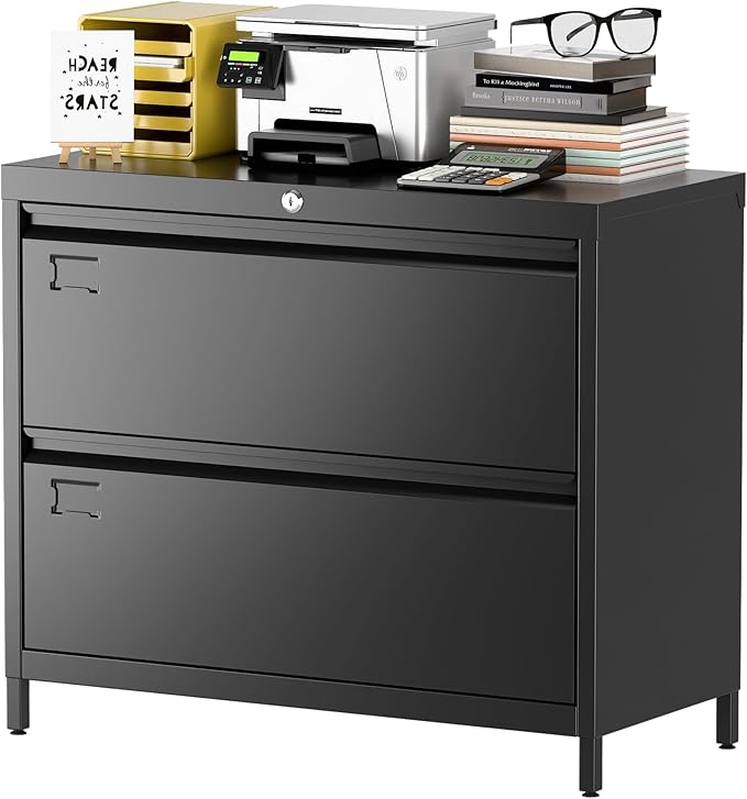 SUXXAN Metal 2 Drawer Lateral File Cabinet with Lock & Adjustable Feet - Wide Filing Cabinet for Letter/Legal/F4/A4 Hanging Files - Includes Business Card Holder,Home Office School Storage,Black