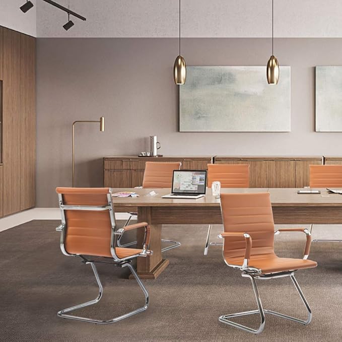 Wahson Office Guest Chairs Set of 10, Leather Reception Chairs, Mid Back Waiting Room Chair, Conference Chairs with Sled Base, Desk Chair No Wheels for Meeting/Lobby/Restroom, Terracotta