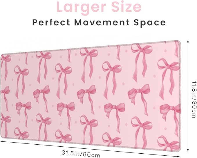Large Mouse Pad, Pink Bow Desk Mat Gaming Mouse Pad 31.5 x 11.8in for Laptop Computer PC, Non-Slip Rubber Base Cute Bows Mousepad Office Accessories Desktop Decor Bow Coquette Mat for Girls