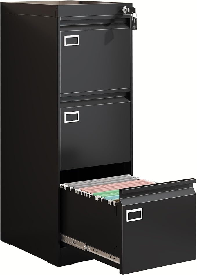 3 Drawer Metal File Cabinet with Lock, Small Locking Filing Cabinets, Vertical File Cabinet with Key, Black Under Desk Filing Cabinets for Home Office