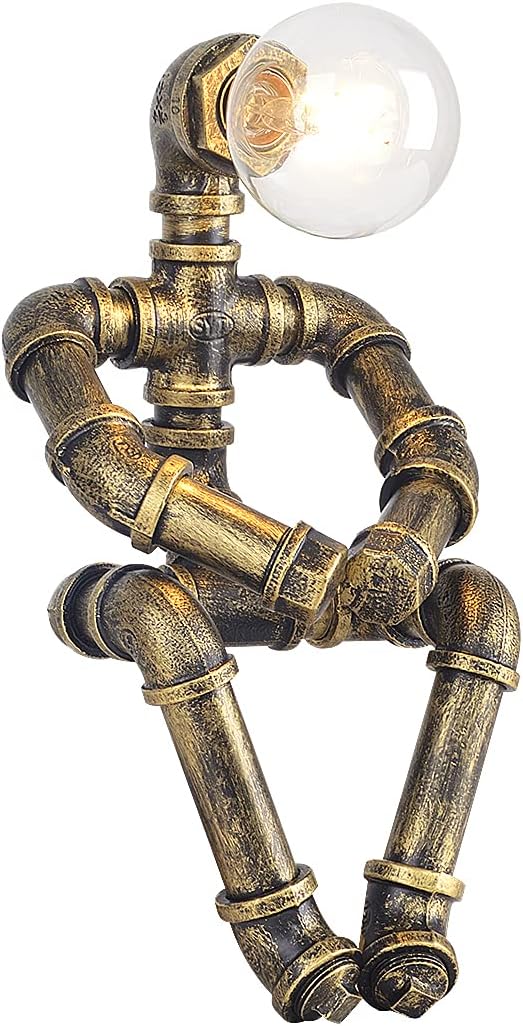 Water Pipe Table Lamp Robot Style- Retro Industrial Table Light- Antique Steampunk Metal Desk Lamp Bedside Lighting Fixture for Office, Reading Kids Room, Cafe Bar (Bronze-Style B)