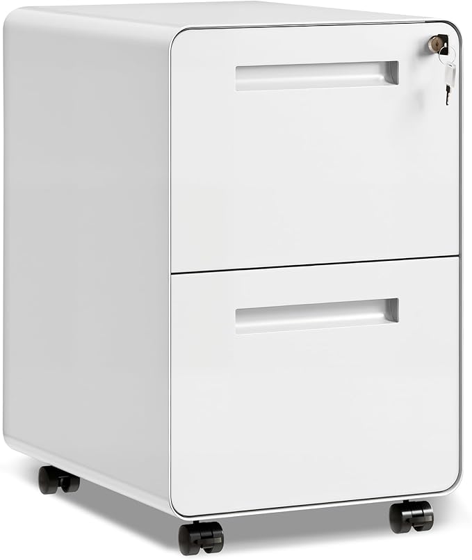 DEVAISE 2-Drawer File Cabinet with Lock, 0.7mm Thick Steel Mobile Filing Cabinet for Home Office, Under Desk Storage Organizer with Rounded Corners, Fully Assembled, 20" D x 15.8" W x 25" H, White