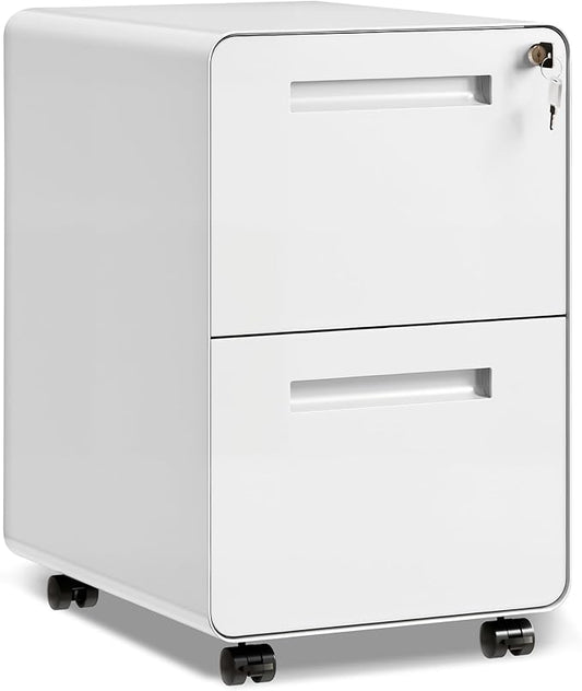 DEVAISE 2-Drawer File Cabinet with Lock, 0.7mm Thick Steel Mobile Filing Cabinet for Home Office, Under Desk Storage Organizer with Rounded Corners, Fully Assembled, 20" D x 15.8" W x 25" H, White
