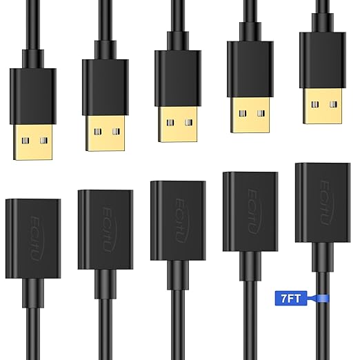 USB Extender Cord 7FT(5 Pack), USB 2.0 Extension Cable, USB A Male to Female, Compatible for USB Flash Drive, Hard Drive, Card Reader, Webcam, Printer, Keyboard, Mouse, Playstation, Xbox, VR Headset