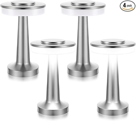 Riakrum Set of 2 LED Portable Cordless Table Lamp with Touch Sensor 3 Color Stepless Dimming Rechargeable Battery up to 15 Hours Cordless Table Light Wireless Lamp for Nursery(Silver,4 Pcs)
