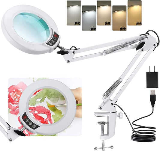 LANCOSC 10X Magnifying Glass with Light and Clamp, 5 Color Modes Stepless Dimmable Lighted Magnifier with Light, Adjustable Swing Arm LED Desk Lamp Hands Free for Close Work Crafts Painting - White