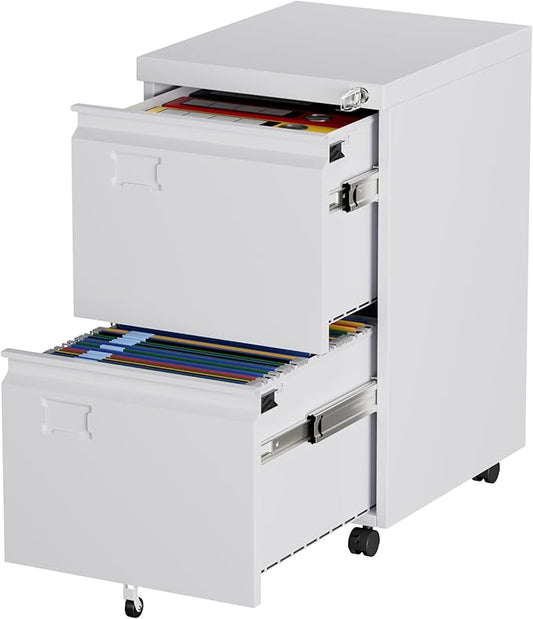 Aobabo 2 Drawer File Cabinet with Wheels, Lockable Metal Filing Cabinet with Business Card Slot for Legal/Letter Size for Home Office, Required Assembled,White