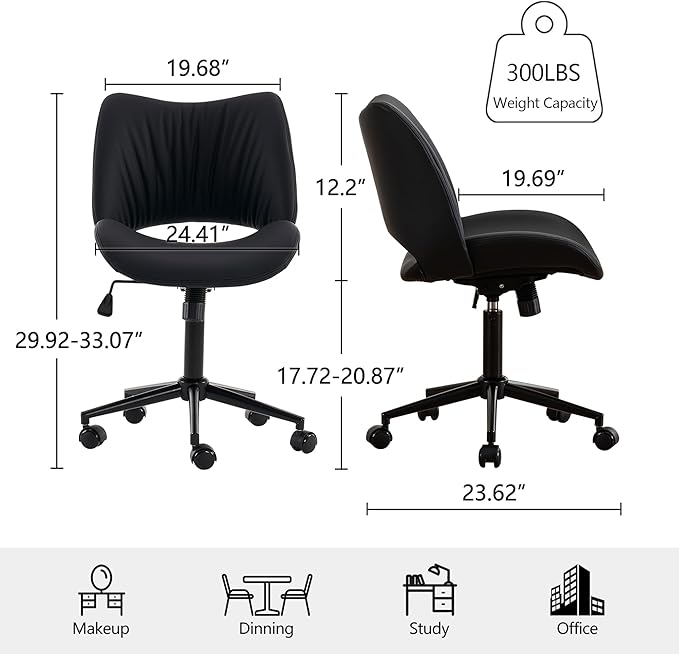 Rowill Armless Office Desk Chair, Ergonomic PU Leather Modern Task Chair with Back Adjustable Height, 360° Swivel Vanity Chairs with Wheels for Small Space, Home Office, Bedroom, Black