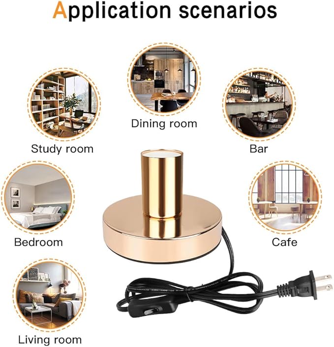 Helunsi Industrial Table Lamp, Gold E26 E27 Base Without Shade, Mini Short Desk Lamp Exposed Bulb, Simple Metal Edison Light Bulb Stand, 5.8ft Cord Switch Plug Holder