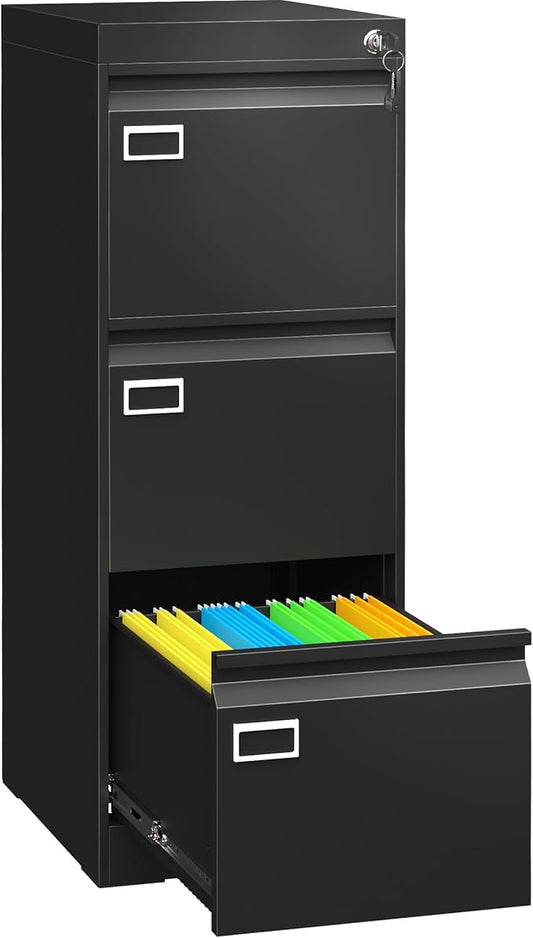 3 Drawer File Cabinet with Lock, Metal Vertical Filing Storage Cabinet, Black Filing Cabinets for Home Office, Narrow File Cabinet Locked for A4/F4/Letter/Legal, Easy Assemble