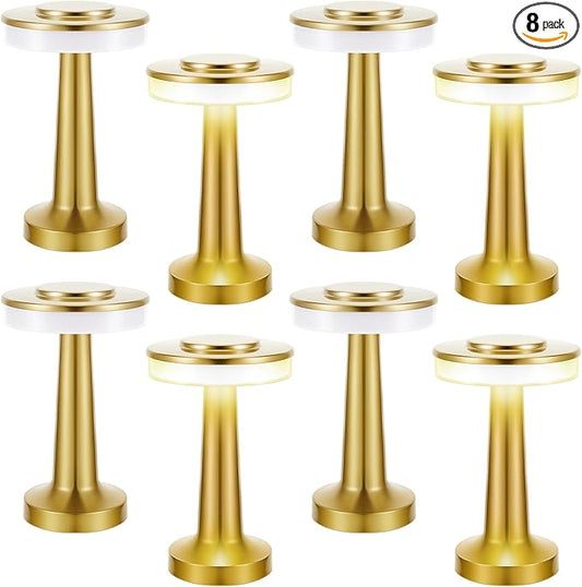 VIHOSE 8 Pcs 8 Pcs Cordless Table Lamps LED Portable Rechargeable Table Lamp with Touch Sensor 3 Color Dimming up to 15 Hours Battery Desk Light for Restaurant Nursery Living Room (Gold)