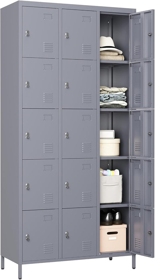 15 Doors Locker Storage Cabinet, Metal Locker for Employees, 72" Tall Storage Lockers for Office School Gym Home, Require Assembly (Grey)