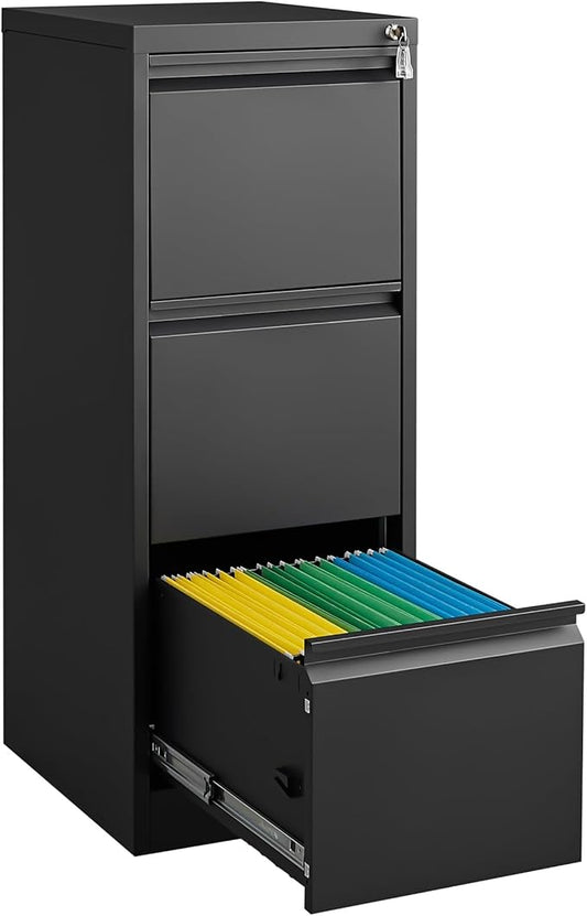 GarveeLife 3 Drawer File Cabinet with Lock, Vertical Metal File Cabinet Organizer for Home Office, Heavy Duty Filing Cabinets Lockable Storage Drawer for Letter/Legal/a4/f4 Size Files Black