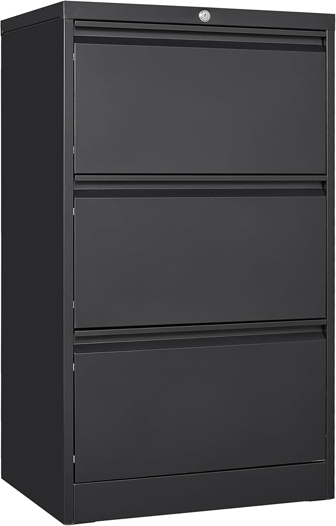 GarveeLife 3 Drawers Lateral File Cabinet with Lock, Metal Filing Cabinet with Card Holder, Steel Drawer File Cabinets Under Desk for Home Office Legal/Letter/f4/a4 Size Black