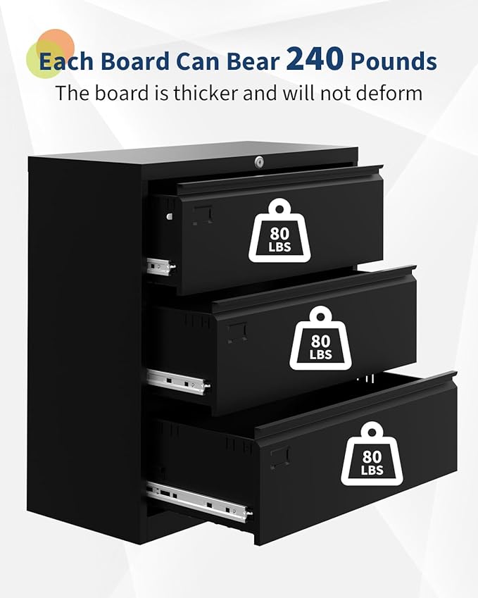 3 Drawer Lateral File Cabinet with Lock and Keys, Metal Lateral Filing Cabinet Storage, Fit Letter/Legal/A4 Size Documents, for Home Office Workspaces