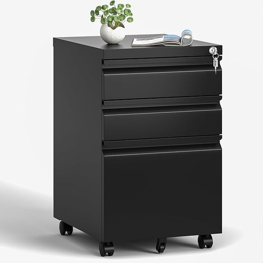 File Cabinet, Vertical File Cabinets with Lock for Home Office,Heavy Duty Office Steel Filing Cabinet for Hanging Letters/Legal/A4 (Black, 3 Drawers-Wheel)