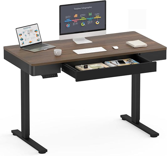 SANODESK Electric Standing Desk with Drawer, 48 x 24 inch Height Adjustable Computer Desk, Home Office Stand Up Desk with 4 Preset Heights, Dark Walnut