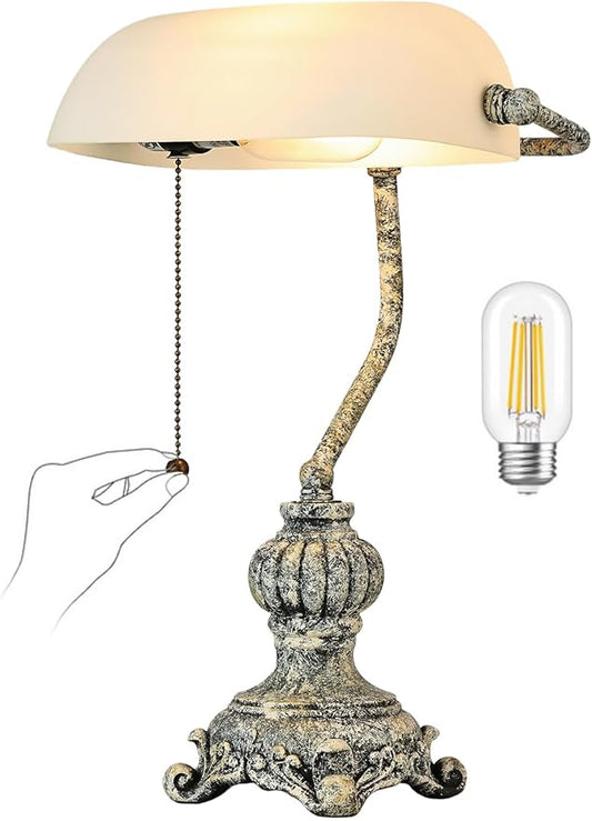 Newrays Retro White Matted Glass Bankers Desk Lamp for Home Office,Library with Pull Chain Switch Plug in Fixture, LED Bulb Included