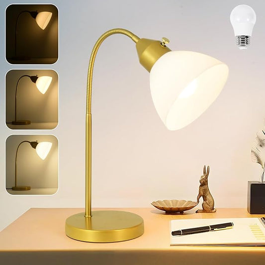 LED Desk Lamp for Home Office, 3 Levels Dimmable Reading Light, Flexible Gooseneck Table Lamp for Bedside Office, Rotary Switch Control, Desk Lamp for College Dorm Study Lamp, Bulb Included, Gold