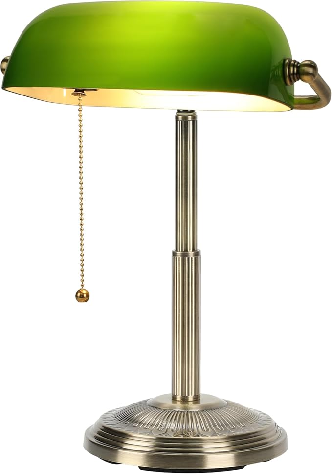 LINNMON Bankers Desk Lamp, Green Retro Lamp, Vintage Lamp with Pull Chain Switch for Home Office (Brass+Green)