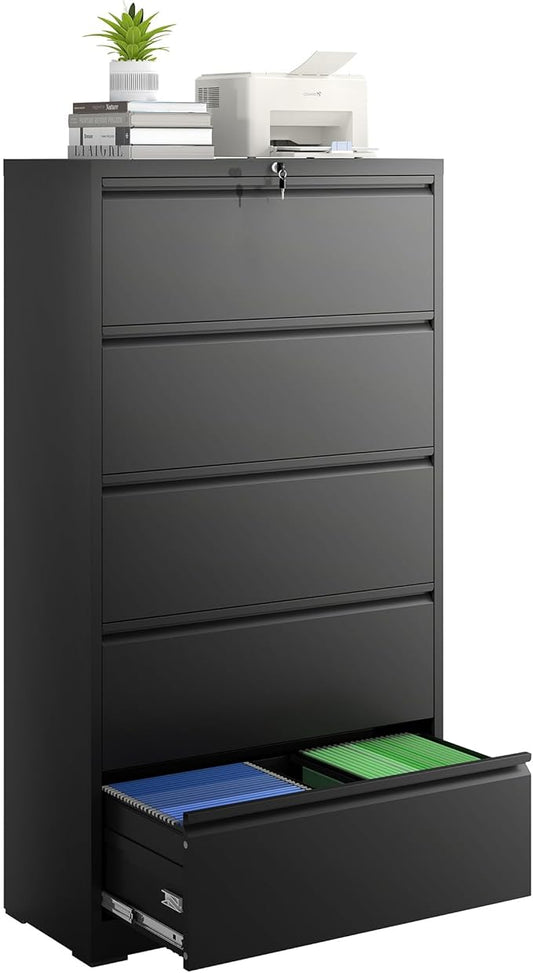 5 Drawer File Cabinet with Lock, Lateral Filing Cabinets,Metal Storage Filing Cabinets for Home Office, Heavy Duty File Cabinet for Letter/Legal/A4/F4 Size Amssebly Required, Black