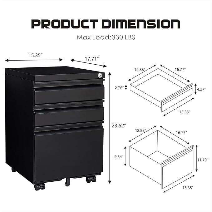 LUCYPAL 3 Drawer File Cabinet,Metal Filing Cabinet with Lock for Home Office,Under Desk Mobile File Cabinets for Letter/Legal/A4 Size,Black,Assemble Required