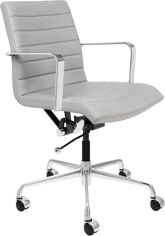 Laura Davidson Furniture SOHO II Ribbed Office Chair - Mid Back Desk Chair, Ergonomically Designed with Arm Rest & Swivel, Made of Faux Leather, Grey, Computer Chair