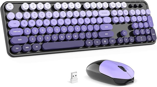 Wireless Keyboard and Mouse Combo - GEEZER Black-Purple Full-Sized Colorful Keyboard 104 Keys - USB 2.4 G Receiver Plug Play with Round Keycap Typewriter Keyboards, for Windows, PC, Laptop, Desktop