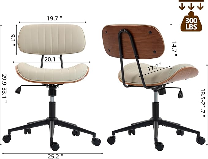 Home Office Chair with Wheels, Adjustable Height Desk Chair Leather Swivel Computer Chair, Armless Modern Walnut Chair for Office, Meeting Room, White