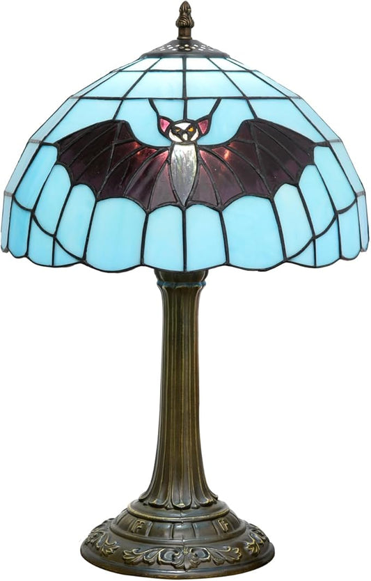 Retro Blue bat Style Stained Glass Table lamp Tiffany Lamps Living Room Office Hotel Bar Kitchen Desk Reading Bedroom Bedside Table Lamp Holiday Gift Halloween Home Decoration 12X19 inches