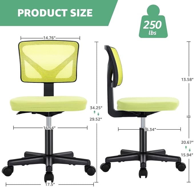 Armless Mesh Office Chair, Ergonomic Low Back Deskchair, Adjustable Rolling Task Computer Swivelchairs for Small Spaces Home Bedroom Study, Yellow