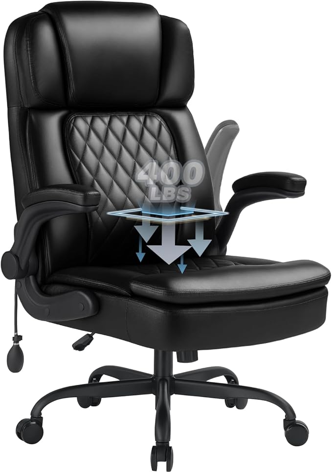400lbs Executive Office Chair with Flip up Arm,Ergonomic Big and Tall Computer Desk Chairs,Breathable PU Leather Chair with Adjustable Lumbar Support,High Back Ofiice Chair with Pocket Spring Cushion