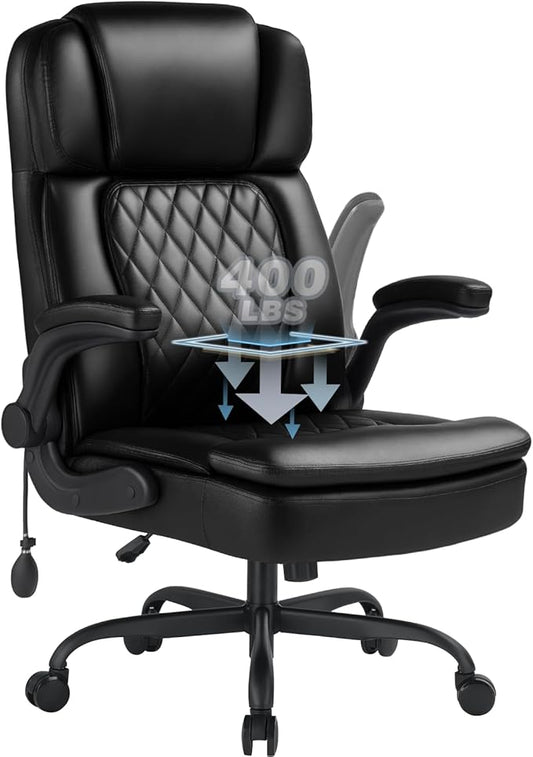 400lbs Executive Office Chair with Flip up Arm,Ergonomic Big and Tall Computer Desk Chairs,Breathable PU Leather Chair with Adjustable Lumbar Support,High Back Ofiice Chair with Pocket Spring Cushion