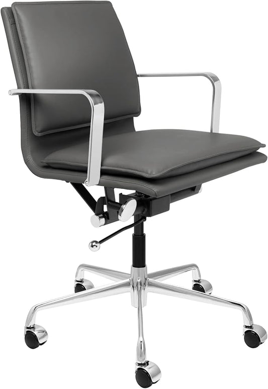 Laura Davidson Furniture Lexi II Padded Office Chair - Mid Back Desk Chair with Aluminum Arm Rest, Swivel & Cushion Availability, Made of Faux Leather, Dark Grey, Computer Chair